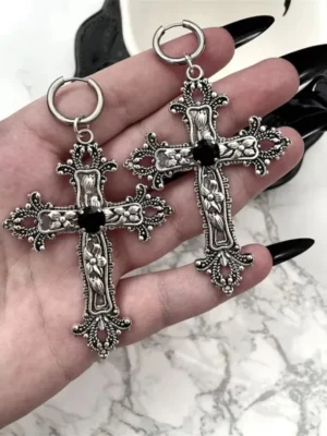 Gothic Large Silver Colour Tone Jewel Cross Earrings with Black Punk Hallowmas Jewellery Gorgeous Wedding Statement Women