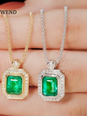 LUOWEND 18K White or Yellow Gold Necklace Luxury Square Design Shiny Diamond Natural Emerald Necklace for Women Party Jewelry