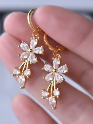 Luxury Gold Color Flower Shape Women Drop Earrings Inlaid Shiny Multicolour Cubic Zirconia Top Quality Fashion Banquet Jewel