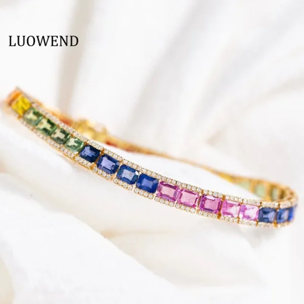 LUOWEND 100% 18K Yellow Gold Bracelet Luxury Elegant Design Natural Diamond Natural Aquamarine Bracelet for Women Party Jewelry